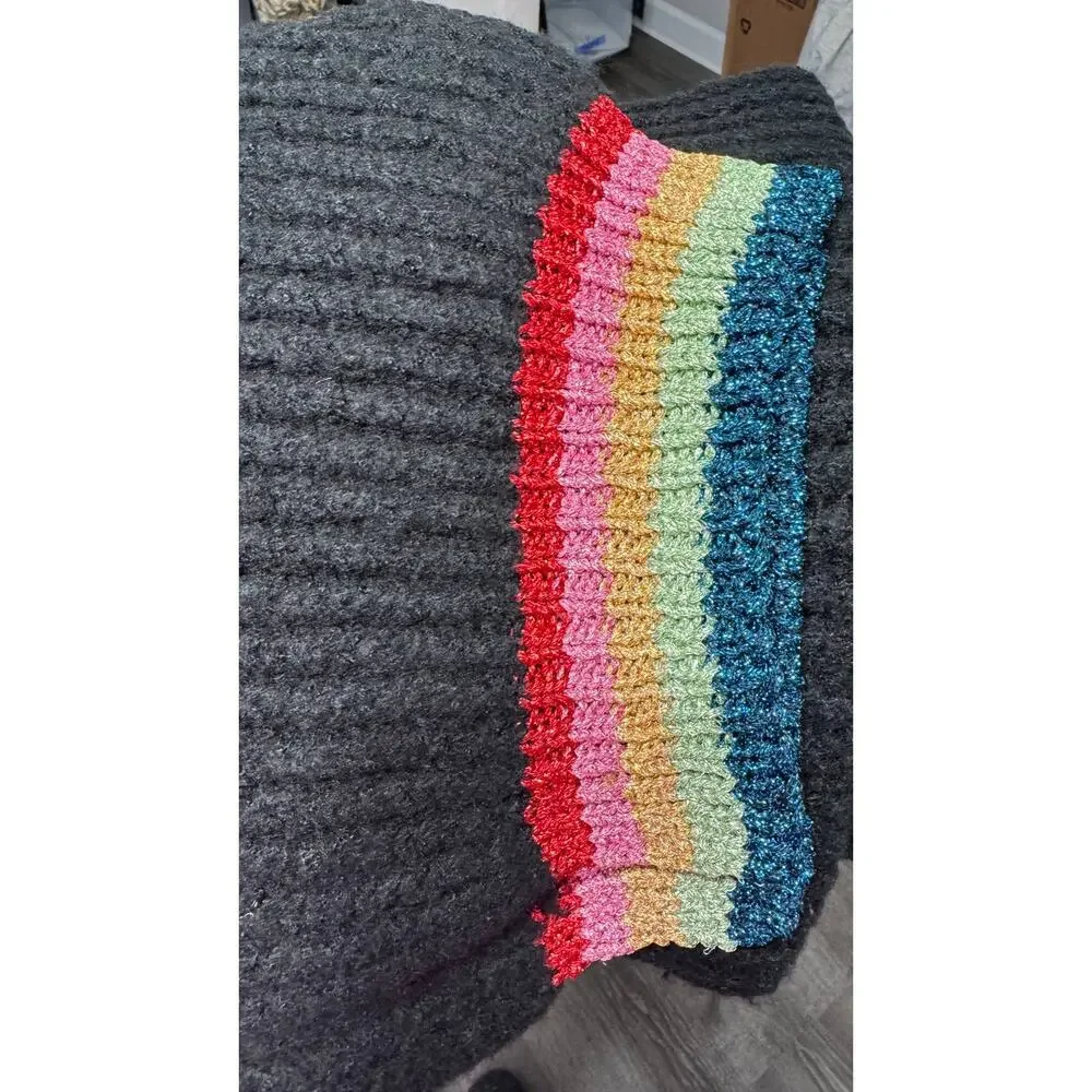 Black Metallic Rainbow Ribbed Knit Scarf New